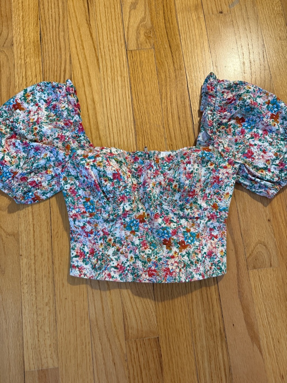 Astr Floral Puff Sleeve Cropped Top - White with Blue & Pink Accents